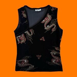 90's vintage black asian oriental velvet dragon bodycon tank top M/L rave city